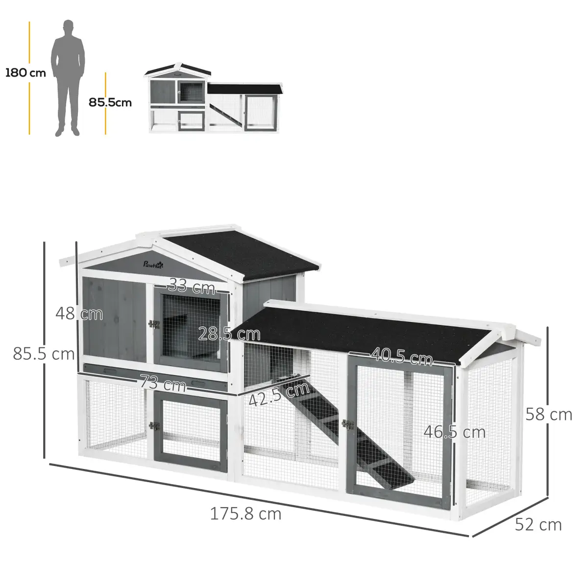 Pawhut Two-Tier Wooden Rabbit Hutch Small Animal House w/ Run Box, Slide-Out Tray, Ramp - Rabbit Hutch