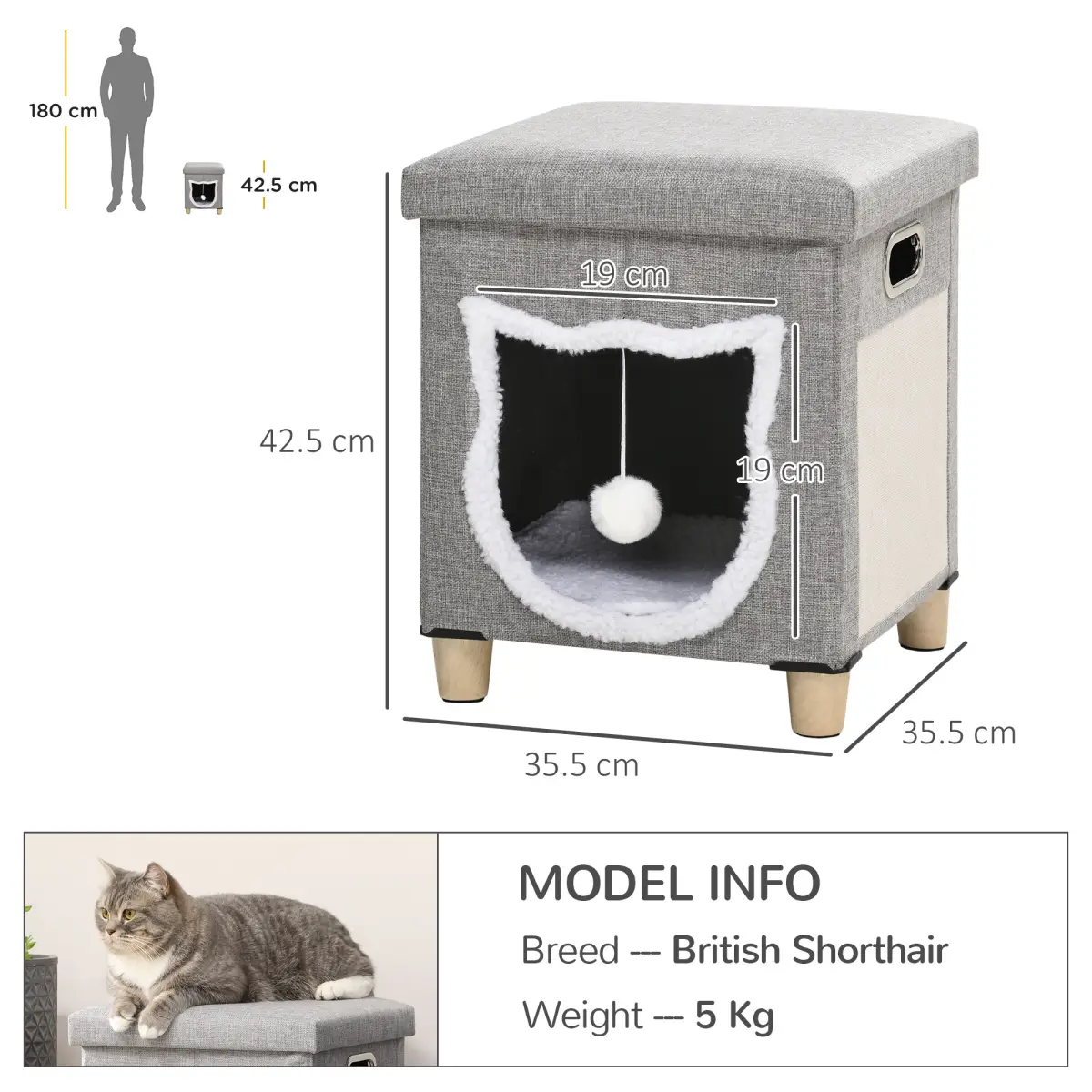 PawHut PawHut 2 in 1 Cat Bed Ottoman w/ Removable Cushion, Handles, Scratching Pad - Cat Beds
