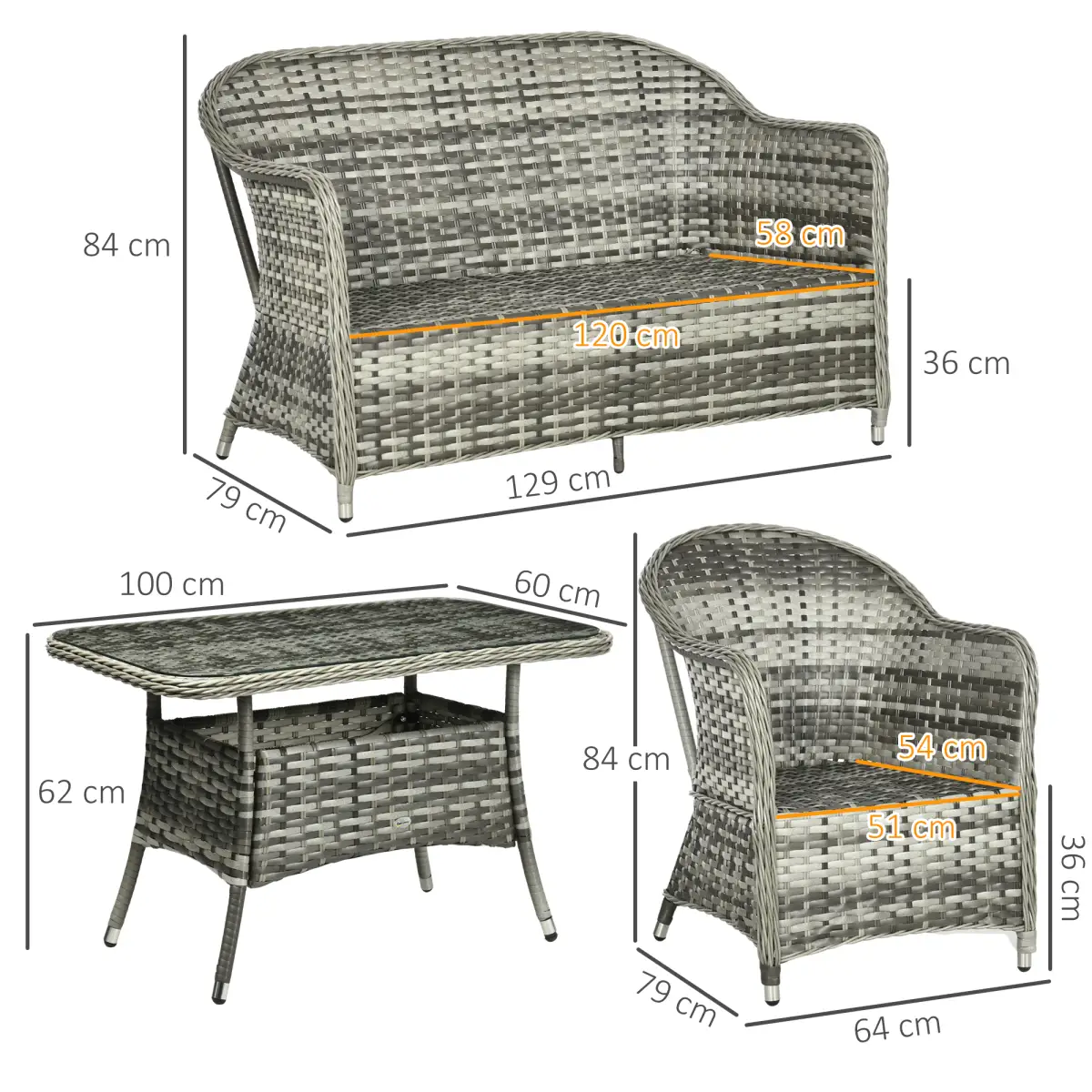 Outsunny 4 PCS Rattan Garden Furniture, Padded Conversation Sofa Set w/ Glass Top Table - Garden Set