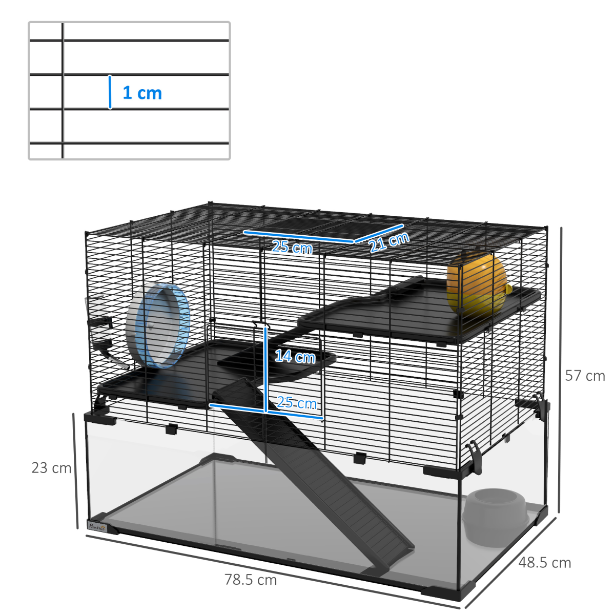 3 Tiers Hamster Cage w/ Deep Glass Bottom, Dish, Hut, 78.5 x 48.5 x 57cm - from PawHut