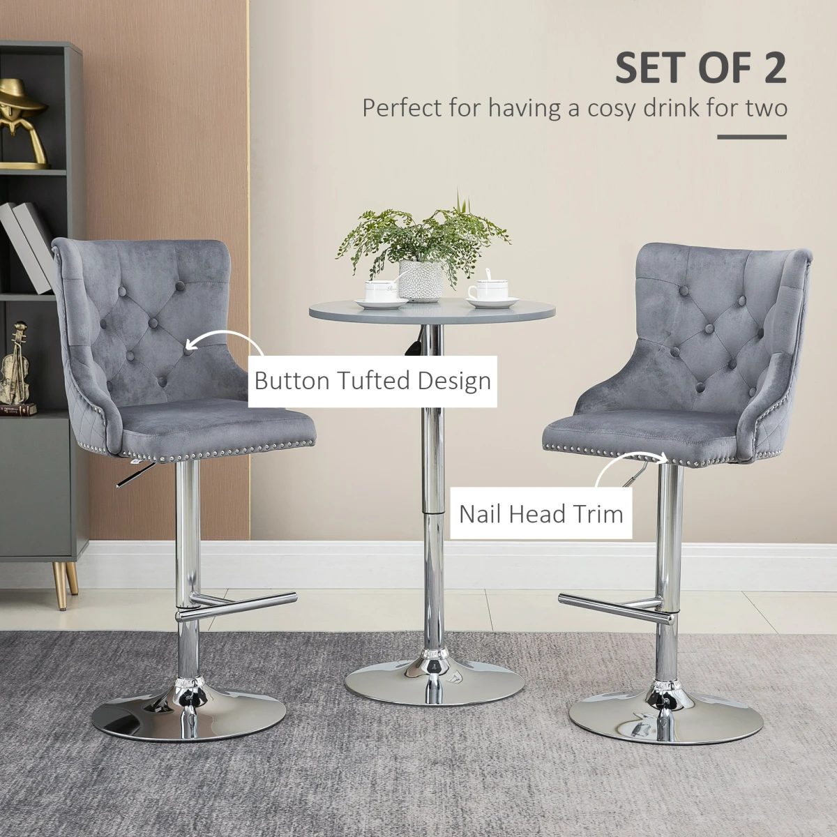 HOMCOM Adjustable Bar Stools Set of 2, Swivel Bar Chairs w/ Back Footrest, Grey by HOMCOM