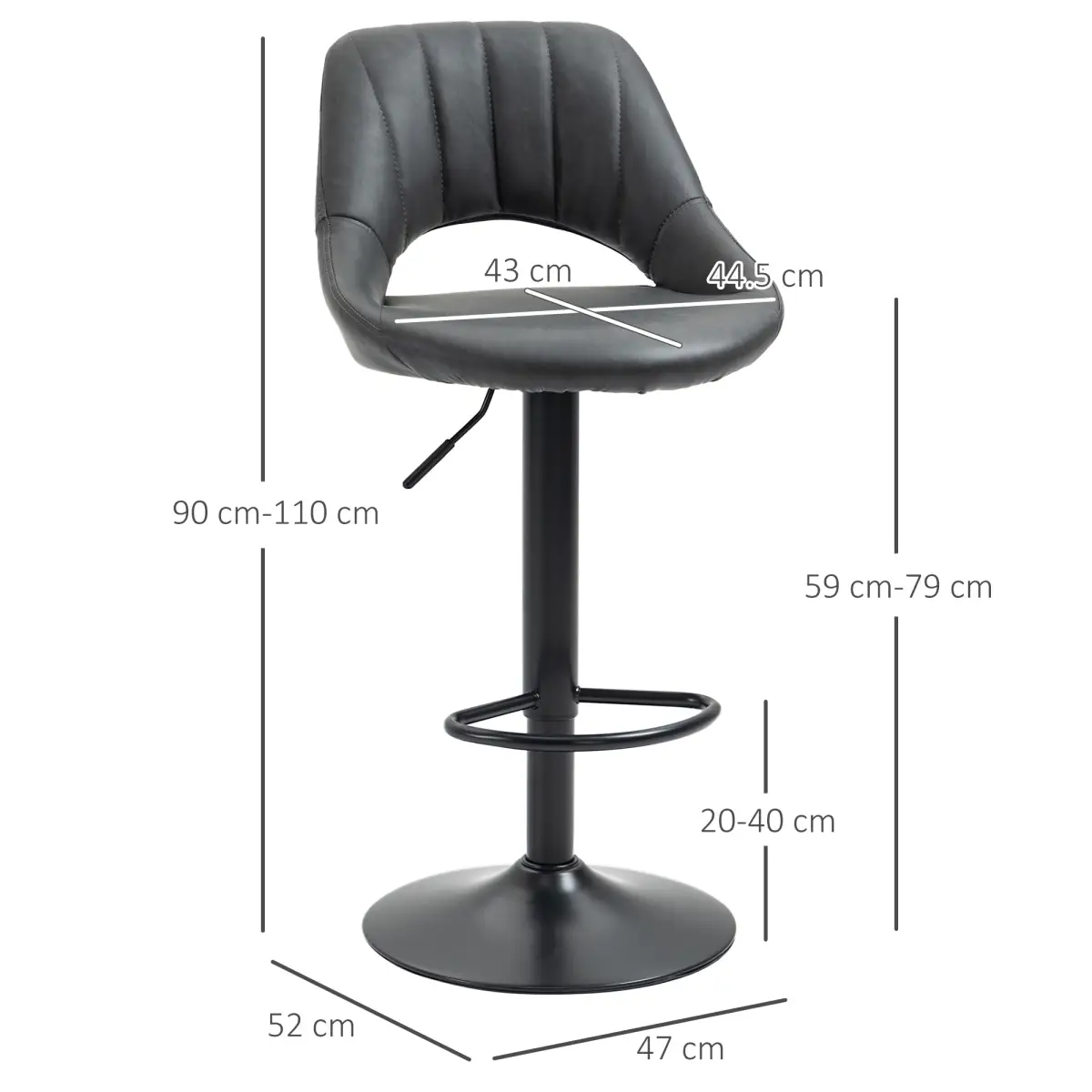 HOMCOM Barstools Set of 2 Adjustable Swivel Height PU Leather Counter Chairs Footrest - Bar Stool