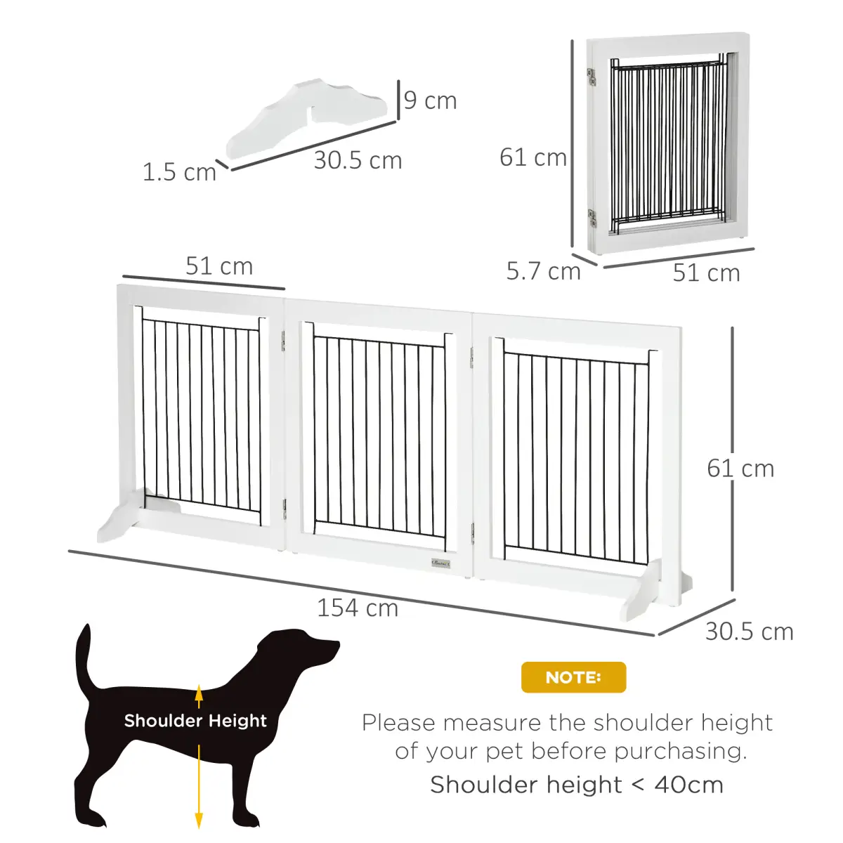 Pawhut Foldable Dog Gate Freestanding Wooden Pet Barrier w/ 3 Panels, 2 Support Feet - Pet Gate