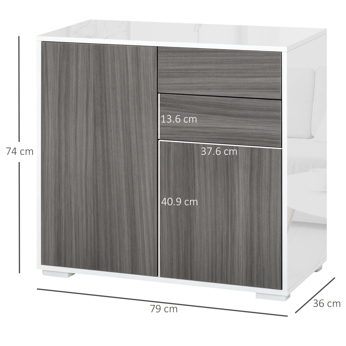 HOMCOM Premium Side Cabinet Compact Two Doors Two Drawers Glossy Top Matte Front Grey For Home Office - Sideboard