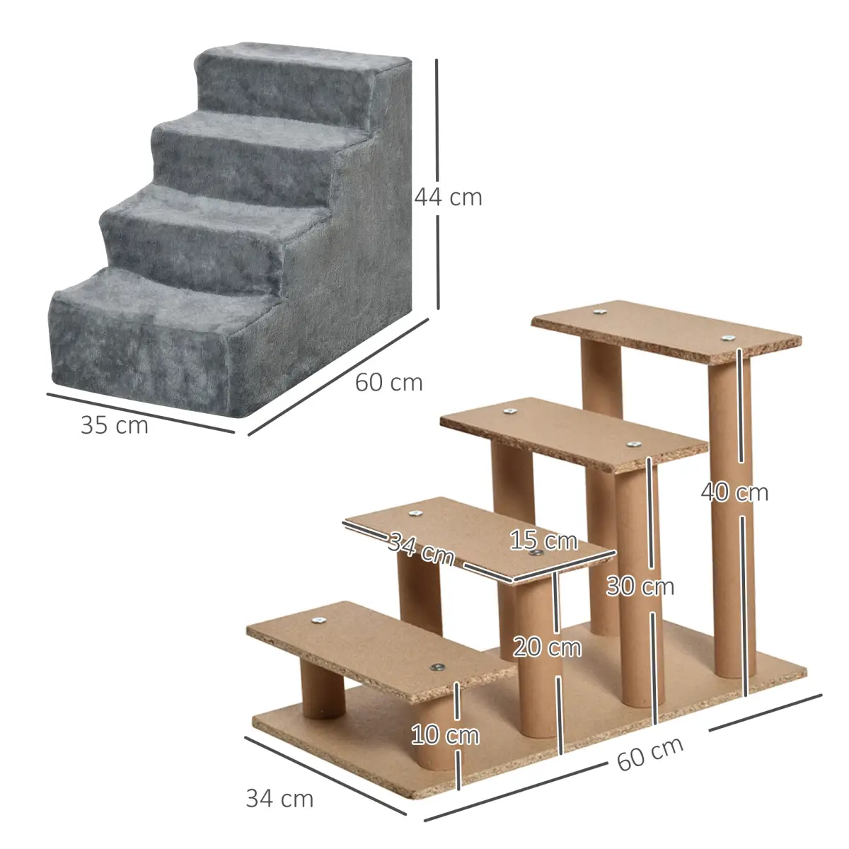 PawHut Portable Dog Stairs with Washable Plush Cover, for High Bed Sofa - Light Grey - Dog Steps