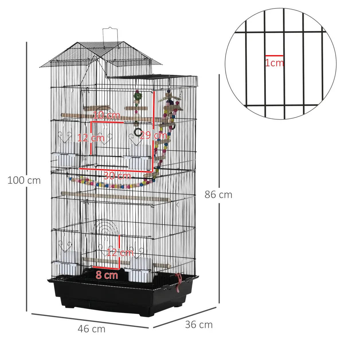 Unbranded Metal Bird Cage for Budgies, Finches w/ Accessories, Toys, Tray, Handle - Black - Bird Cage