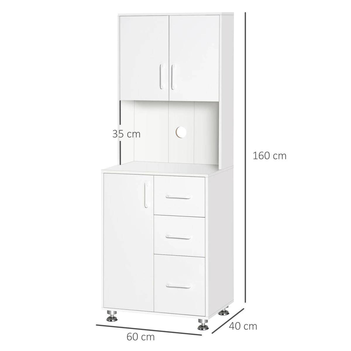HOMCOM Premium White Kitchen Buffet Storage Cabinet 60x40x150cm With 2 Cabinets 3 Drawers Microwave Rack With Cable Management - Chest of Drawers
