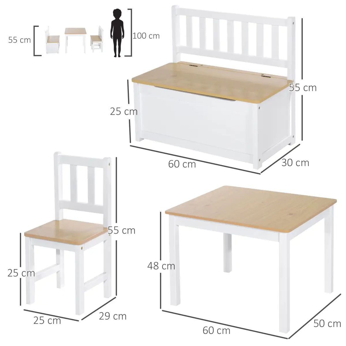 Unbranded 4-Piece Set Kids Wood Table Chair Bench Storage Function for 3 Years+ HOMCOM - Garden Set