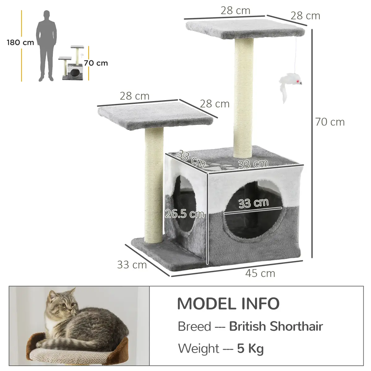 PawHut PawHut Cat Tree w/ Sisal Scratching Posts, House, Perches, Toy Mouse - Grey - Cat Tree