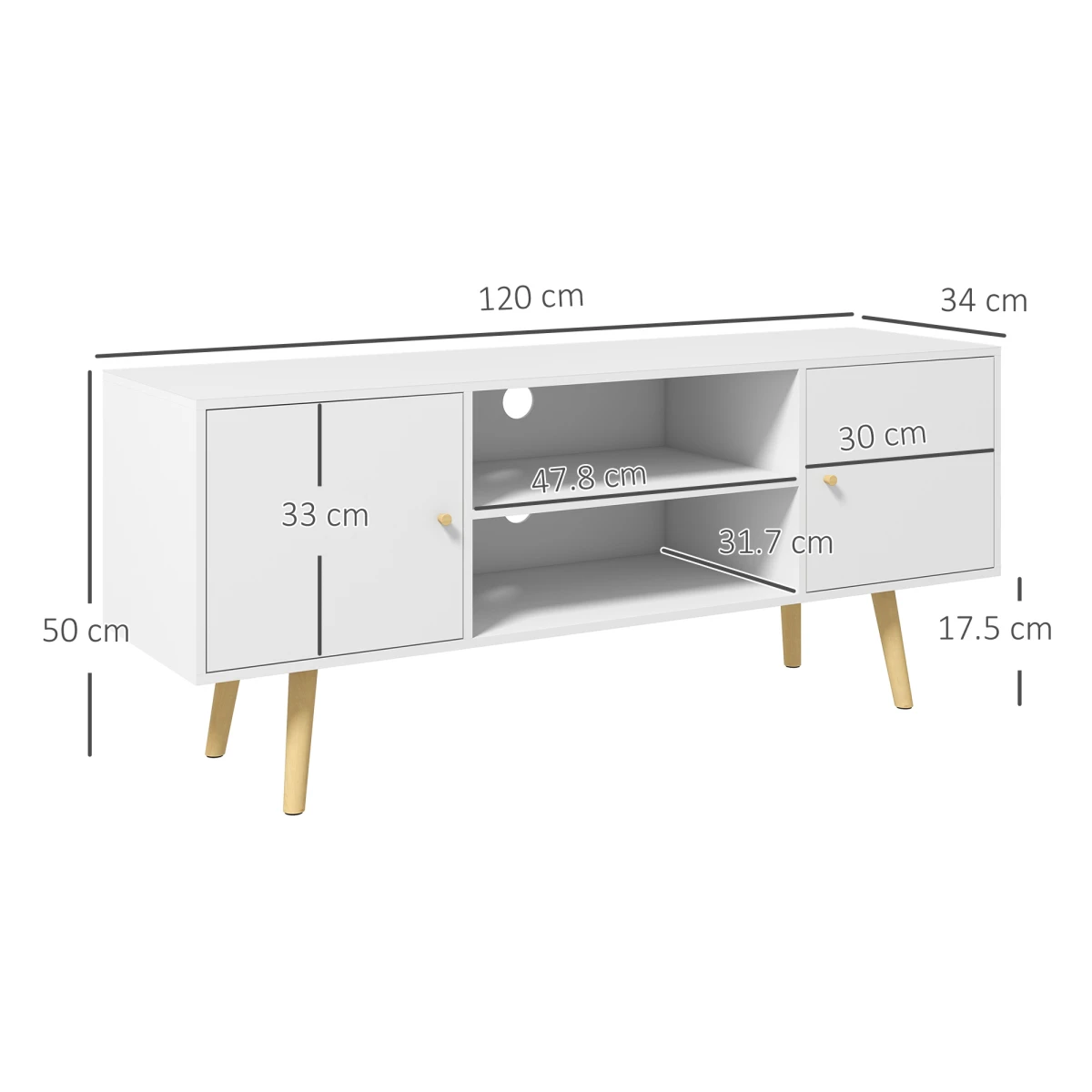 White TV Stand Cabinet 55 Inch Cable Management Living Room - TV Unit