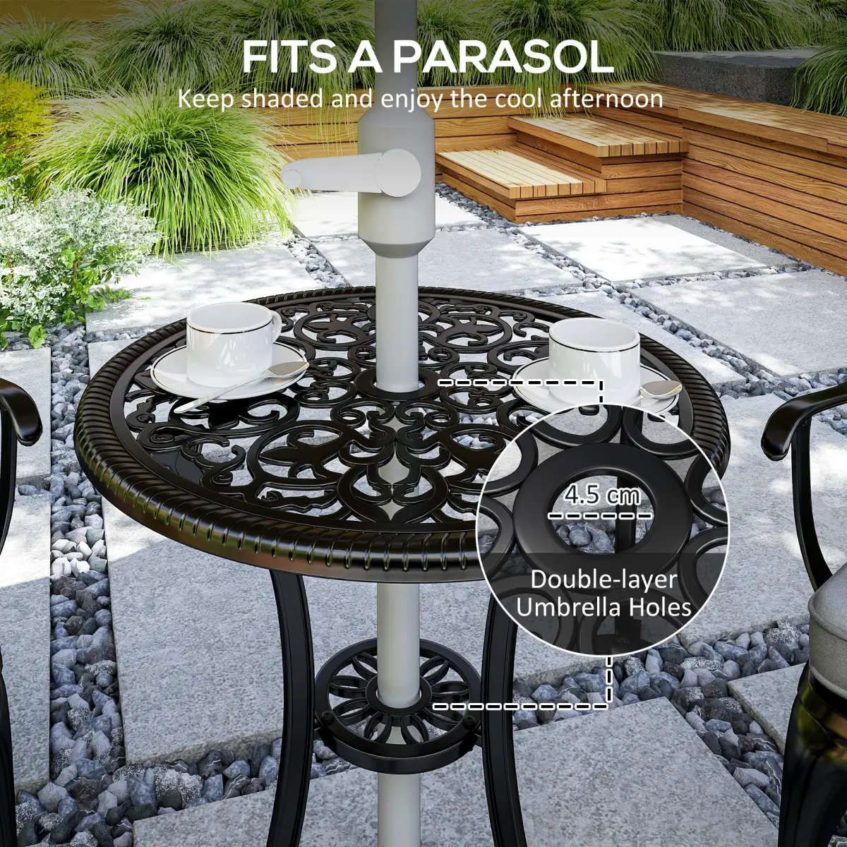 Outsunny Outsunny 3 PCs Aluminium Garden Coffee Table Set w/ Parasol Hole & Cushions - Garden Set