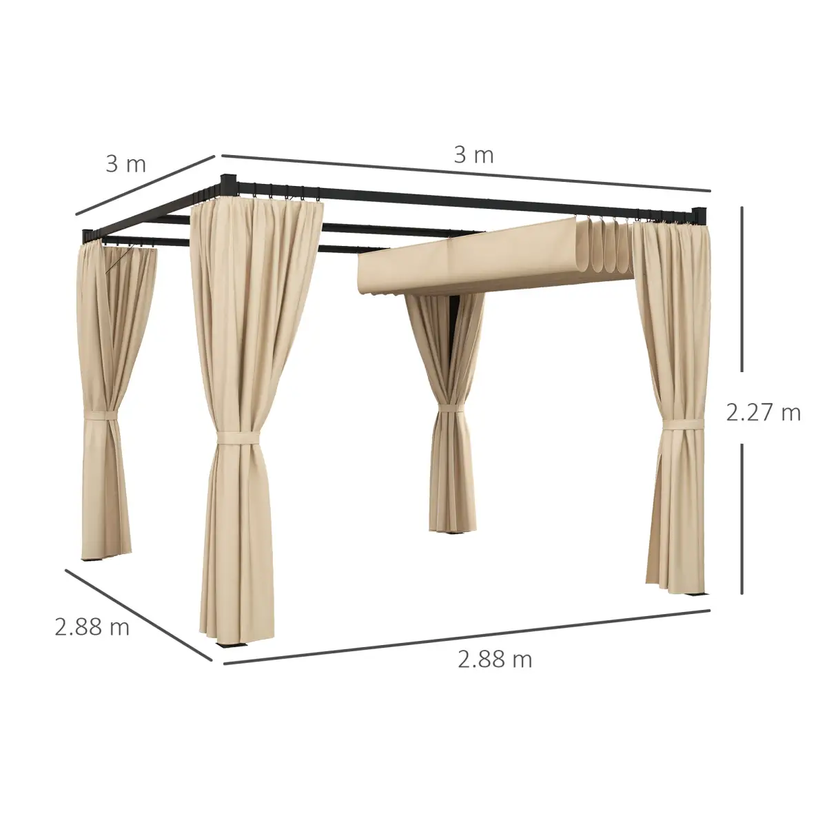 Outsunny Outsunny 3 x 3(m) Pergola with Retractable Roof and Curtains, Beige - Gazebos