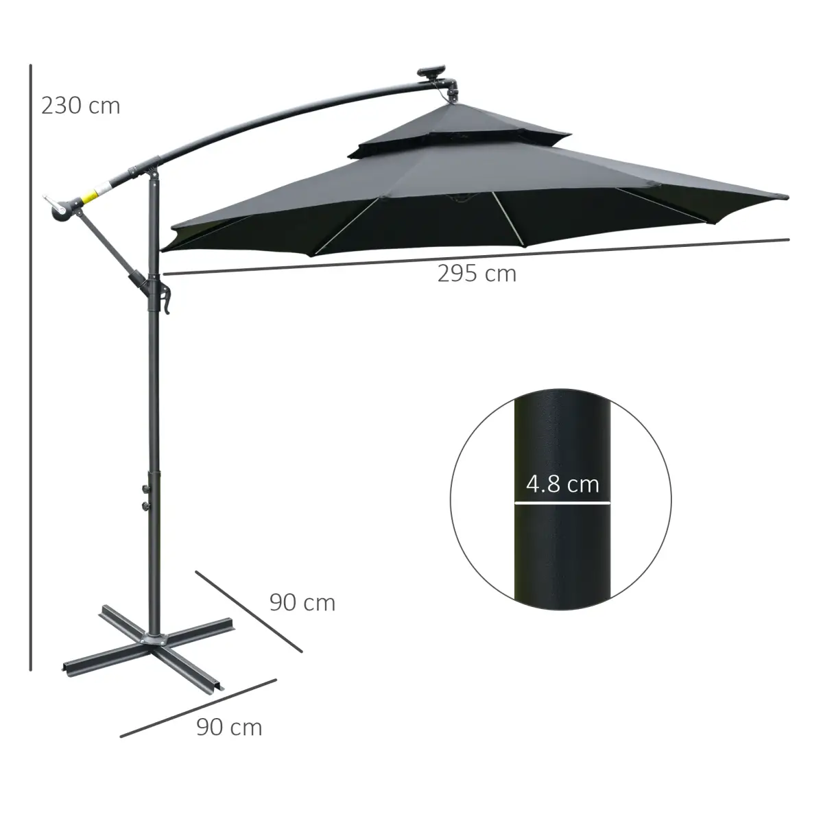 Outsunny Outsunny 3(m) Cantilever Parasol Hanging Banana Umbrella w/ lights, Black - Parasol
