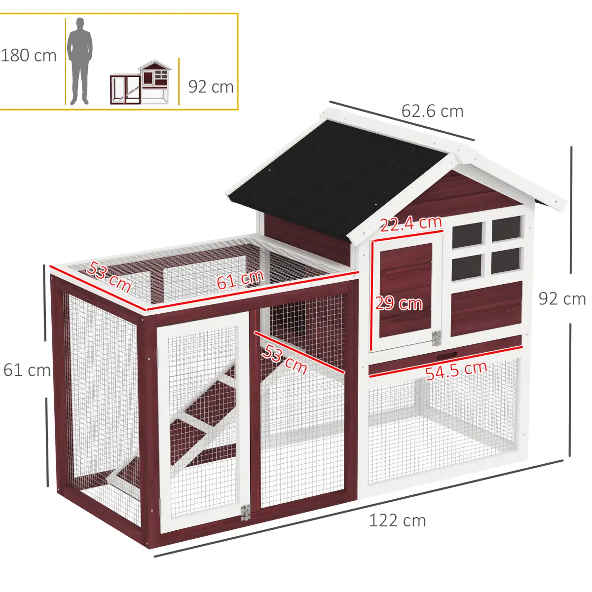 Pawhut 122cm Rabbit Hutch Cage Bunny House Wooden Habitat Pet Small Animal w/ Tray Ramp - Rabbit Hutch