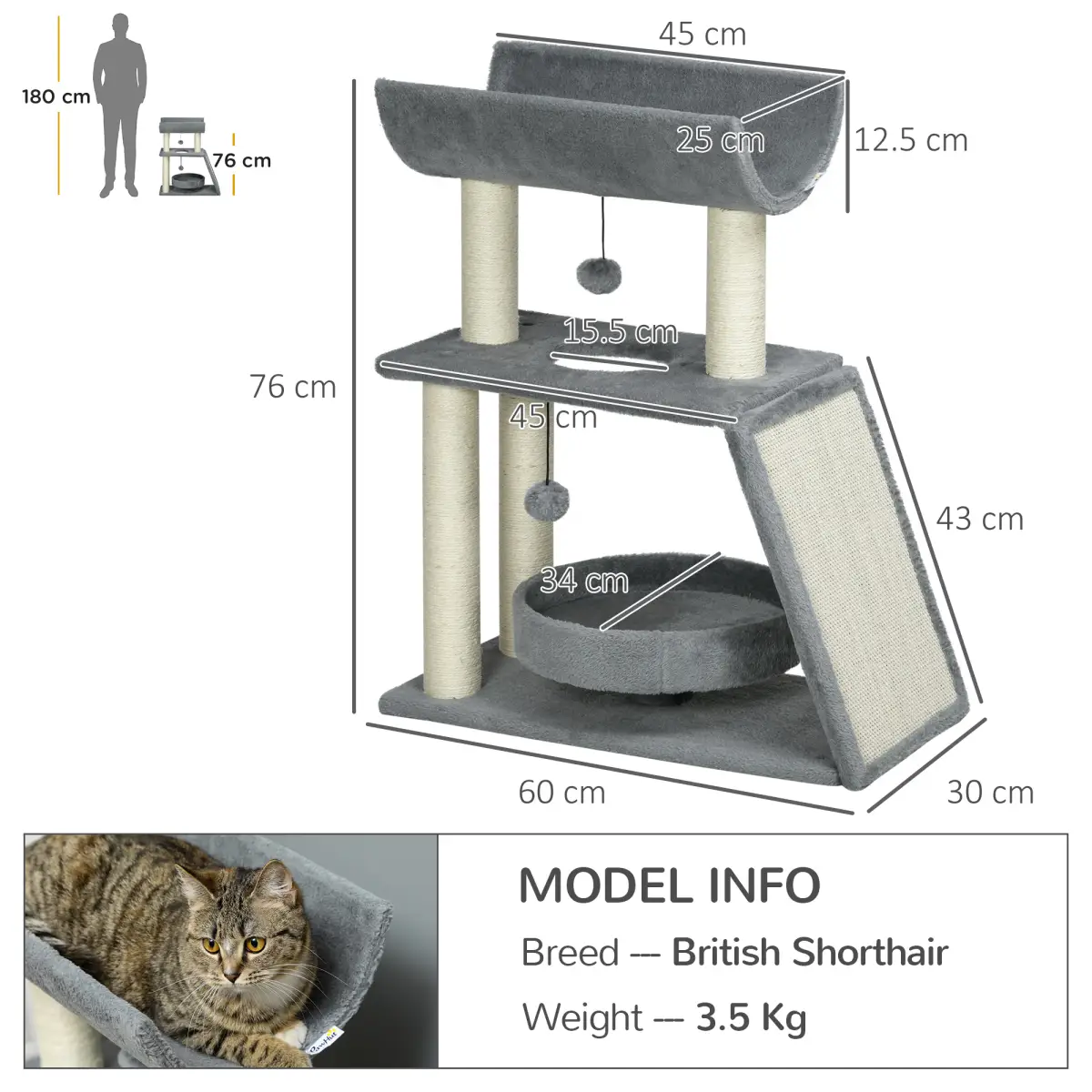 PawHut Cat Tree Tower for Indoor Cats w/ Scratching Posts, Pad, Light Grey, Toy Ball - Cat Tree