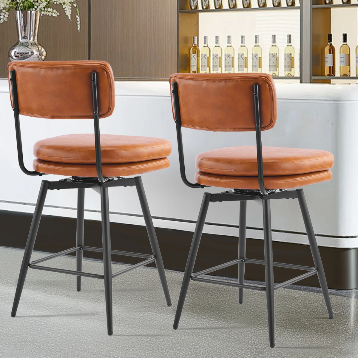 2 Pcs Brown PU Swivel Bar Stools with Removable Backrest & Double-Layer Seat, Metal Legs by N/A