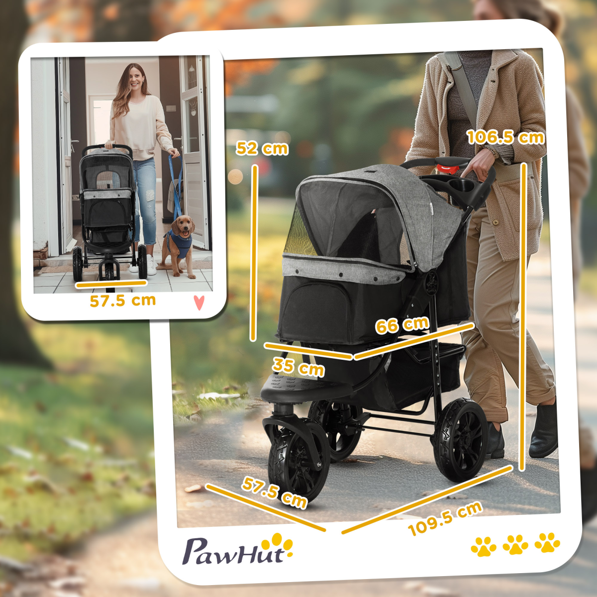 Folding 3 Wheel Pet Stroller Travel w/ Adjustable Canopy Storage Brake Grey - from Unbranded