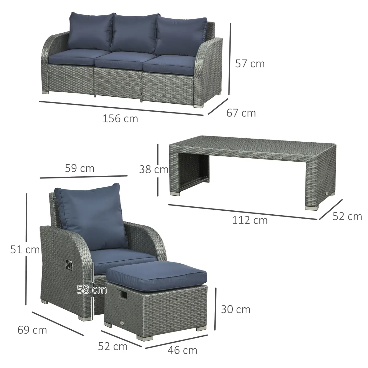 Outsunny Outsunny 6pc Padded Outdoor Rattan Wicker 3-Seat Sofa Recliner Footstool Table - Garden Set
