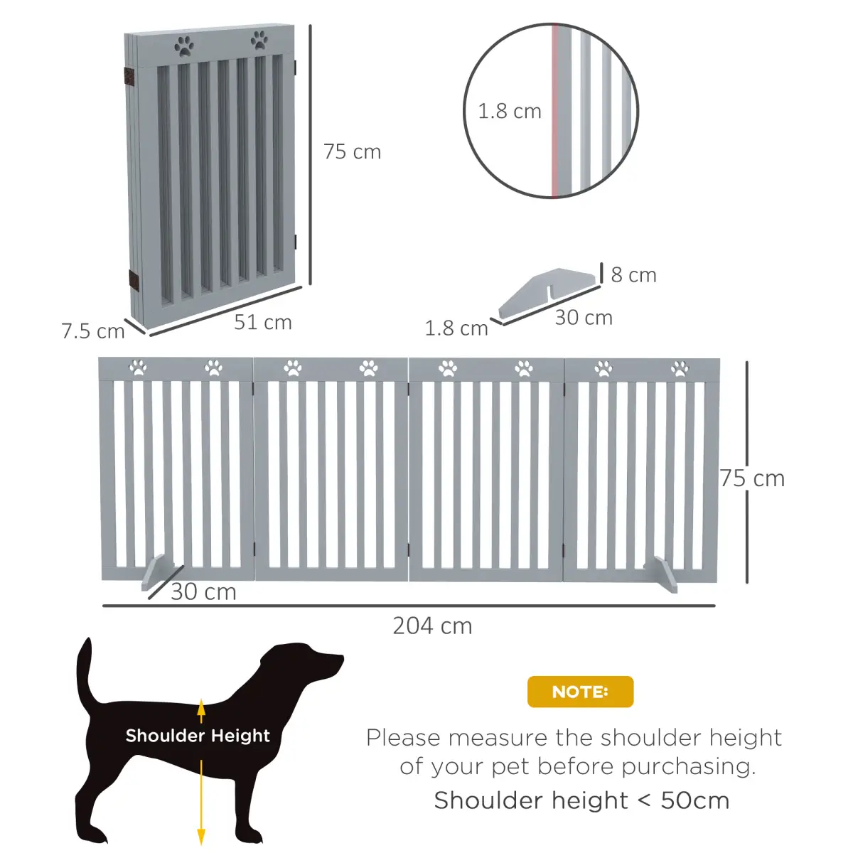 PawHut PawHut Pet Gate Foldable Fence Freestanding Dog Barrier w/ Support Feet Grey - Pet Gate