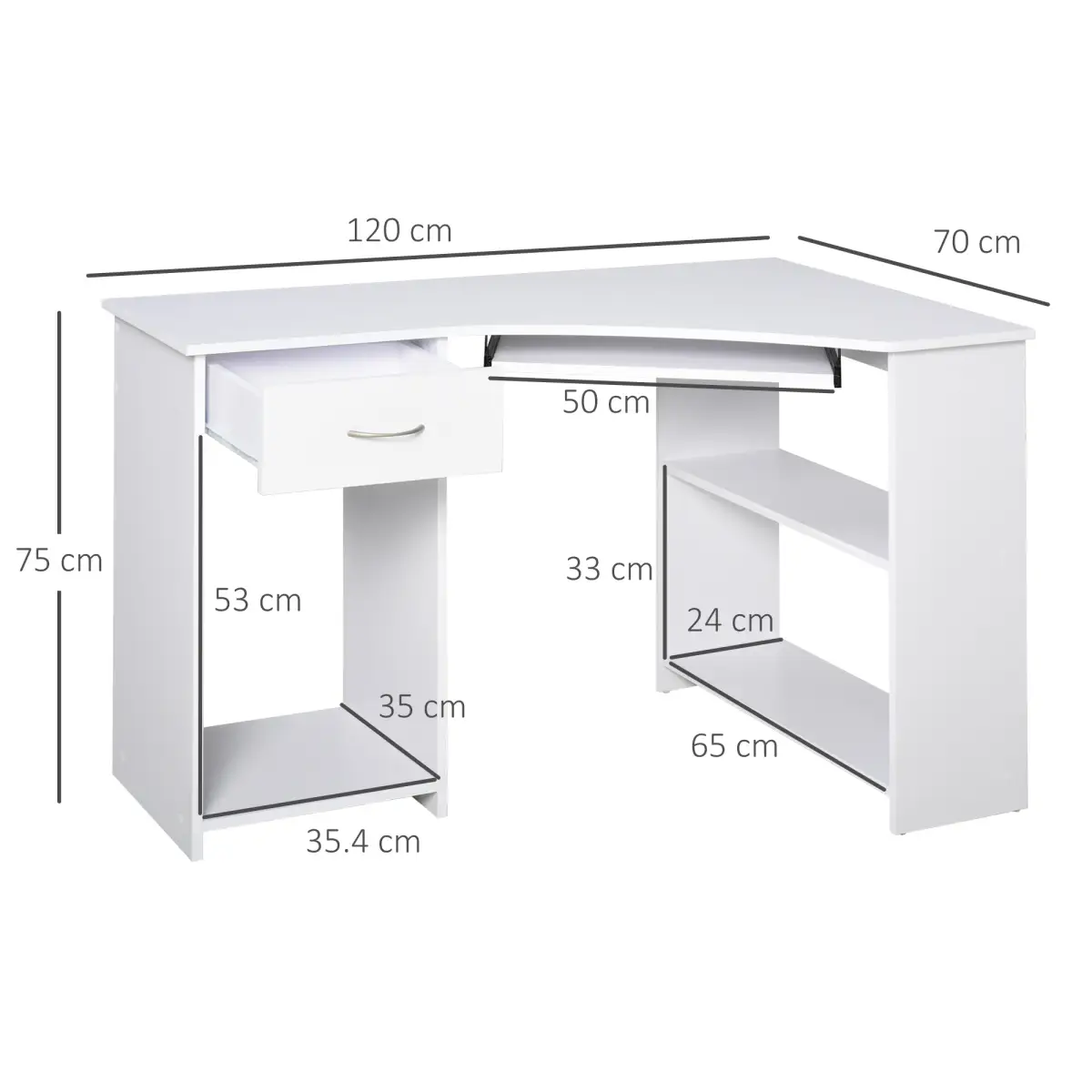 Unbranded L-Shaped Corner Computer Desk w/ 2 Shelves Worktop Keyboard Tray White - Desk