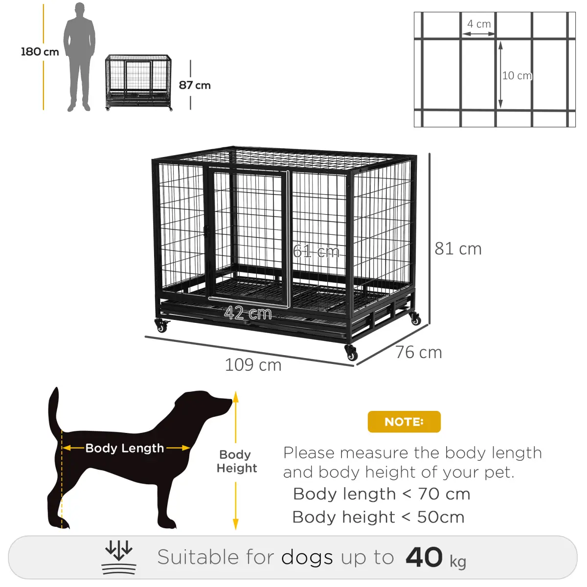 Unbranded Metal Kennel Cage with Wheels and Crate Tray for Pet Dog Large Black Pawhut - Dog Kennel