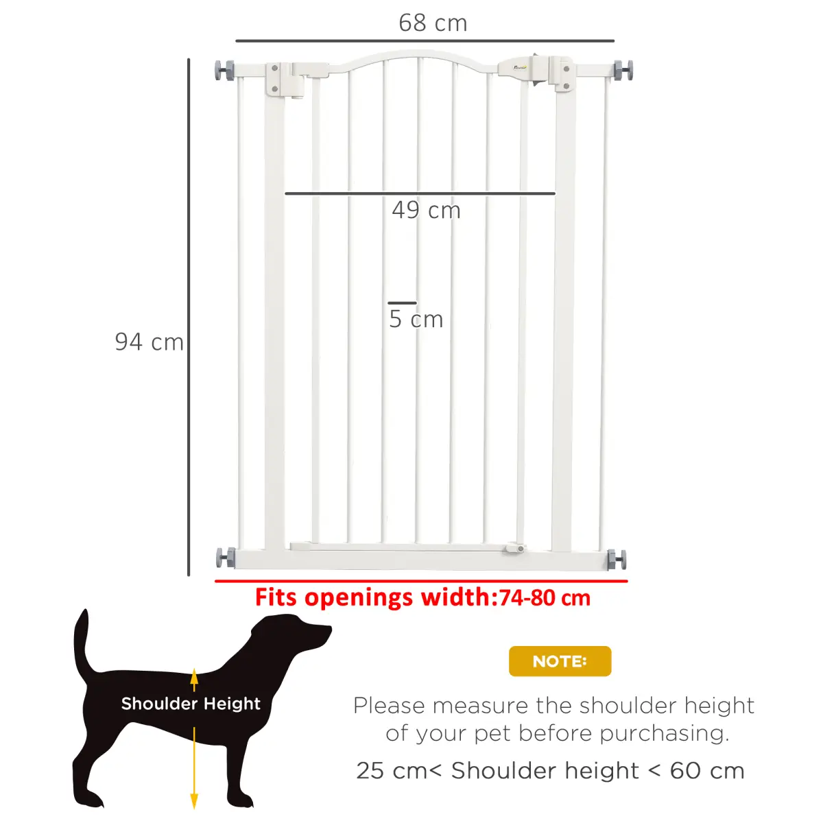 PawHut PawHut 74-80cm Adjustable Metal Pet Gate Safety Barrier w/ Auto-Close Door White - Pet Gate
