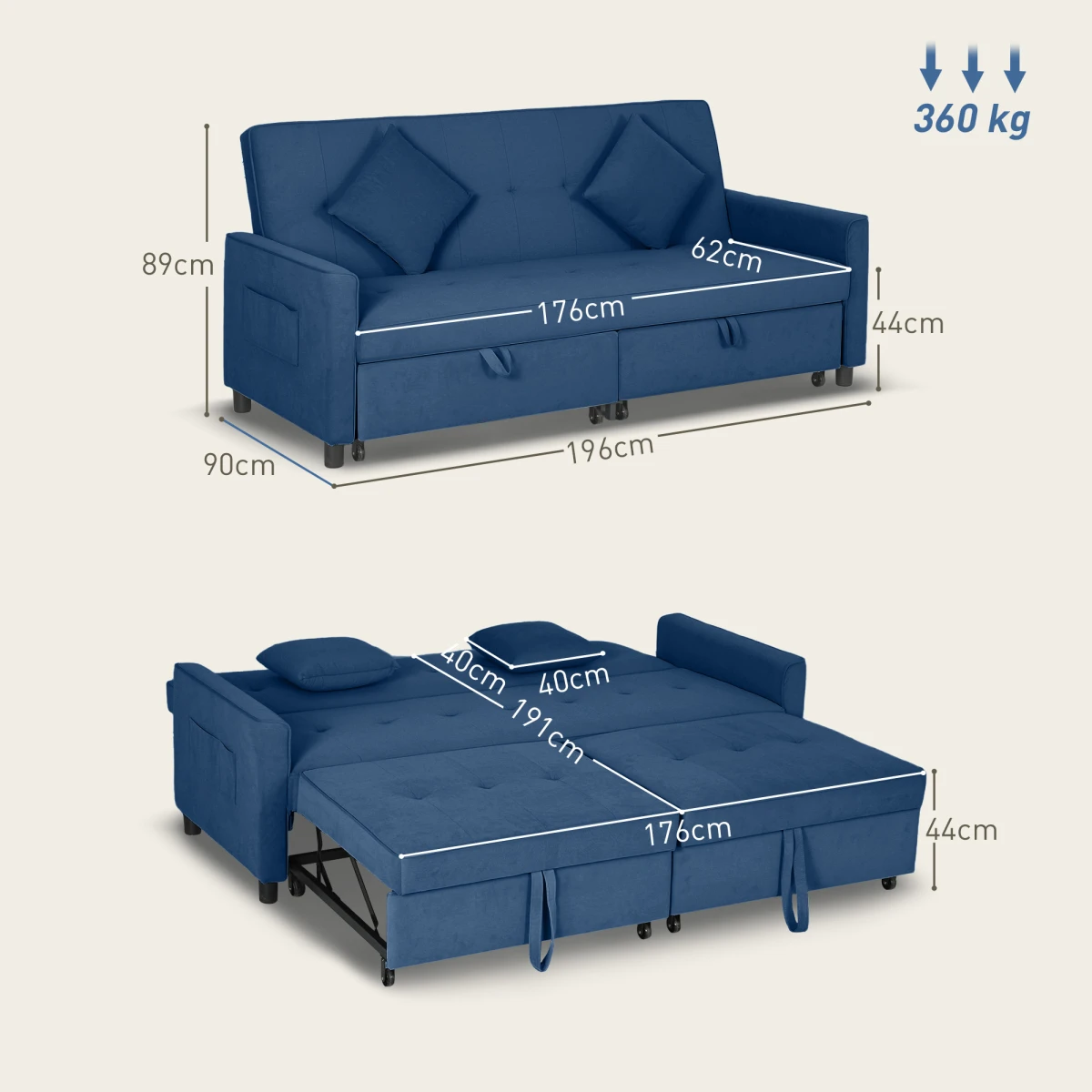 HOMCOM Sofa Bed L Shaped Click Clack Velvet Cushions Home - Sofa Bed