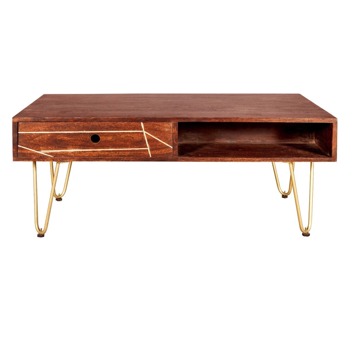 Indian Hub Premium Coffee Table 48In L 24In W 16In H With Drawer Gold Hairpin Legs Living Room - Coffee Table