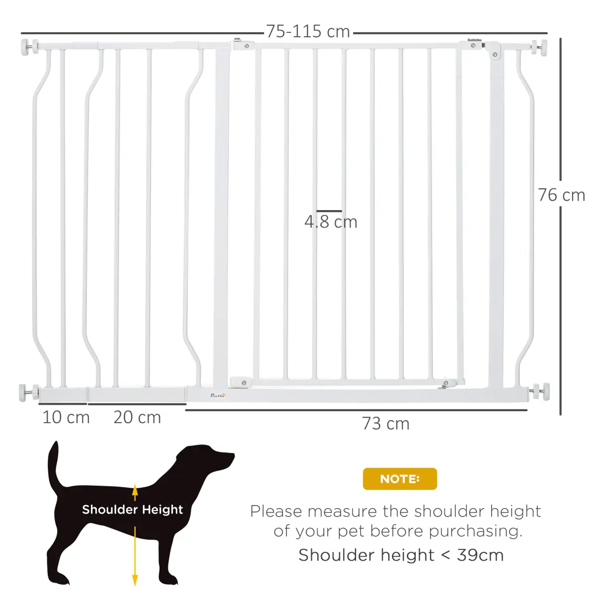 PawHut PawHut Dog Gate Wide Stair Gate w/ Door Pressure Fit, 75-115W cm, White - Pet Gate