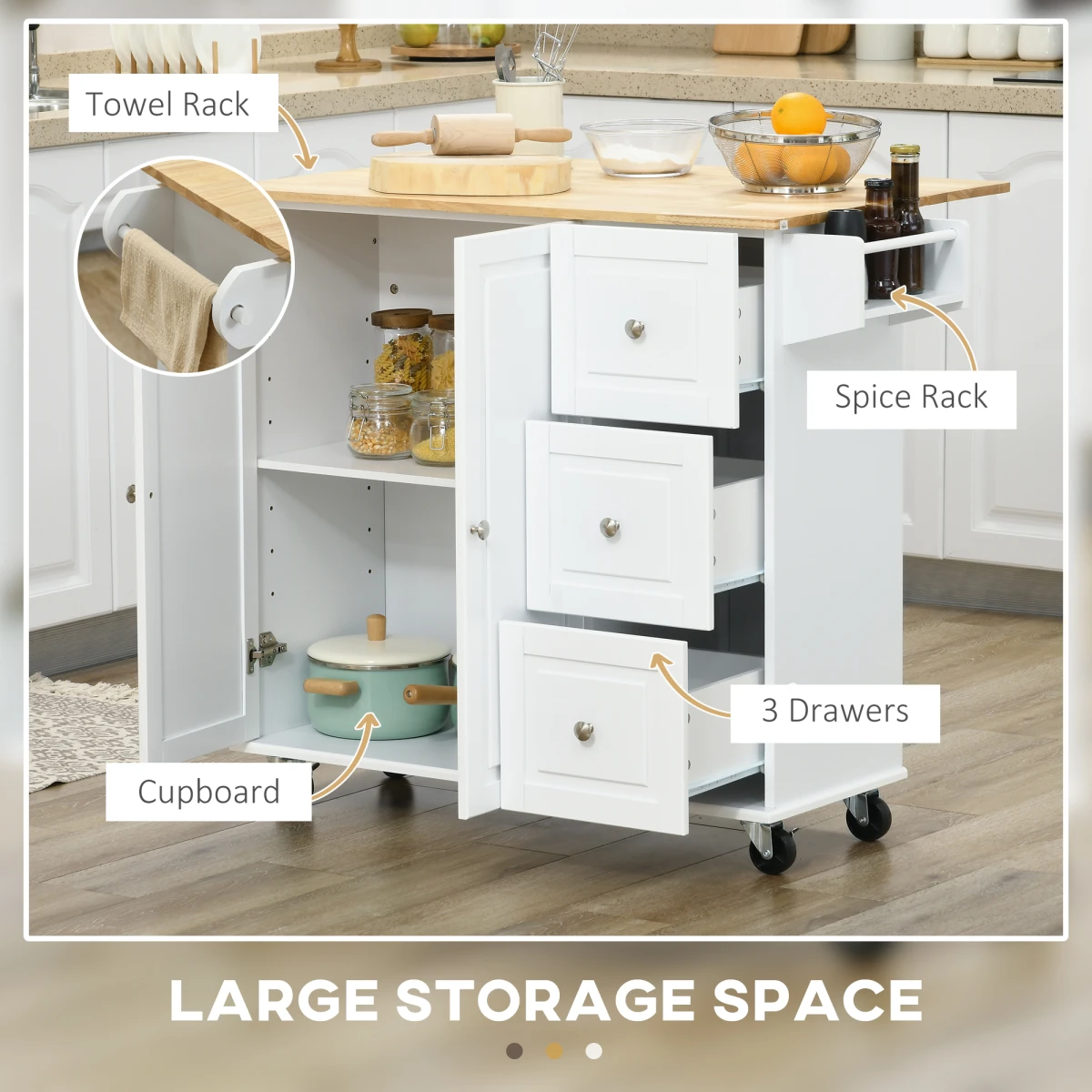 HOMCOM Kitchen Island Cart On Wheels Drop Leaf White Home by HOMCOM