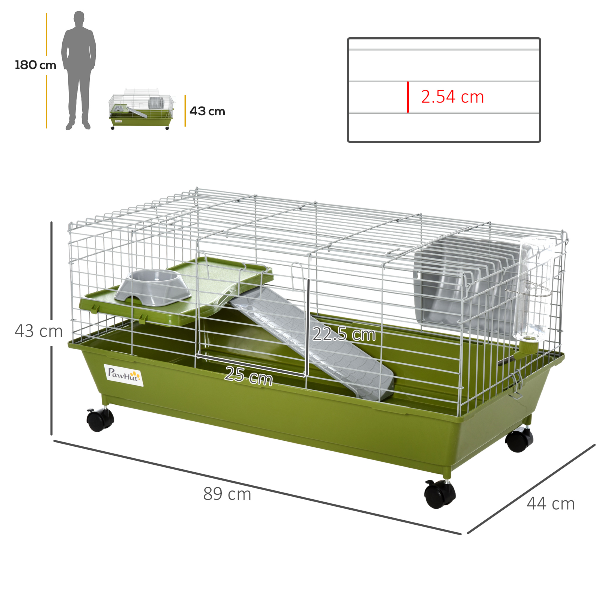 89cm Small Animal Home Cage for Rabbit Ferret Chinchilla w/ Wheels Green - from Pawhut