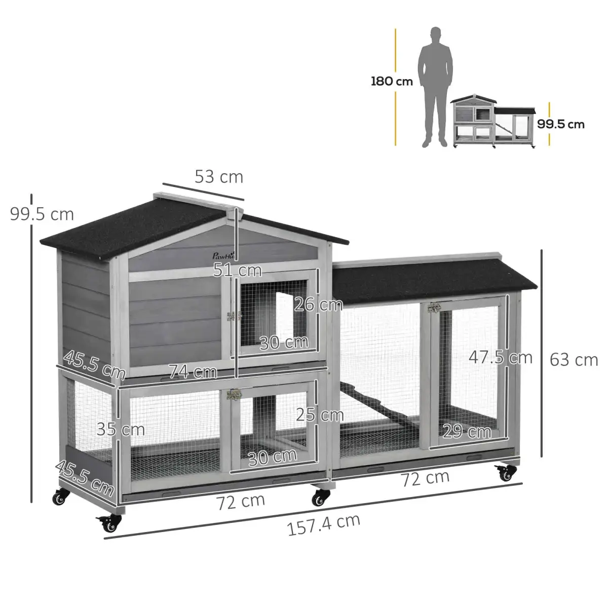 PawHut Wooden Rabbit Hutch, Guinea Pig Cage w/ Wheels, Slide-Out Tray, Ramp Light Grey - Rabbit Hutch