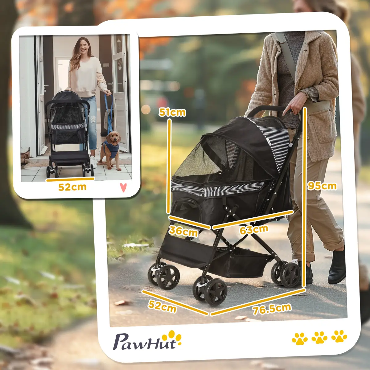 PawHut Pet Stroller Dog Foldable Travel Carriage with Reversible Handle, Black - Pet Carrier