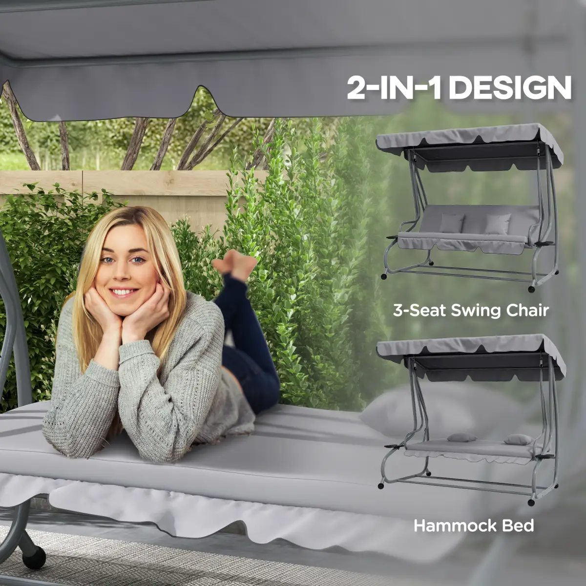 Outsunny Outsunny 2-in-1 Garden Swing Chair for 3 Person w/ Adjustable Canopy, Grey - Hammocks