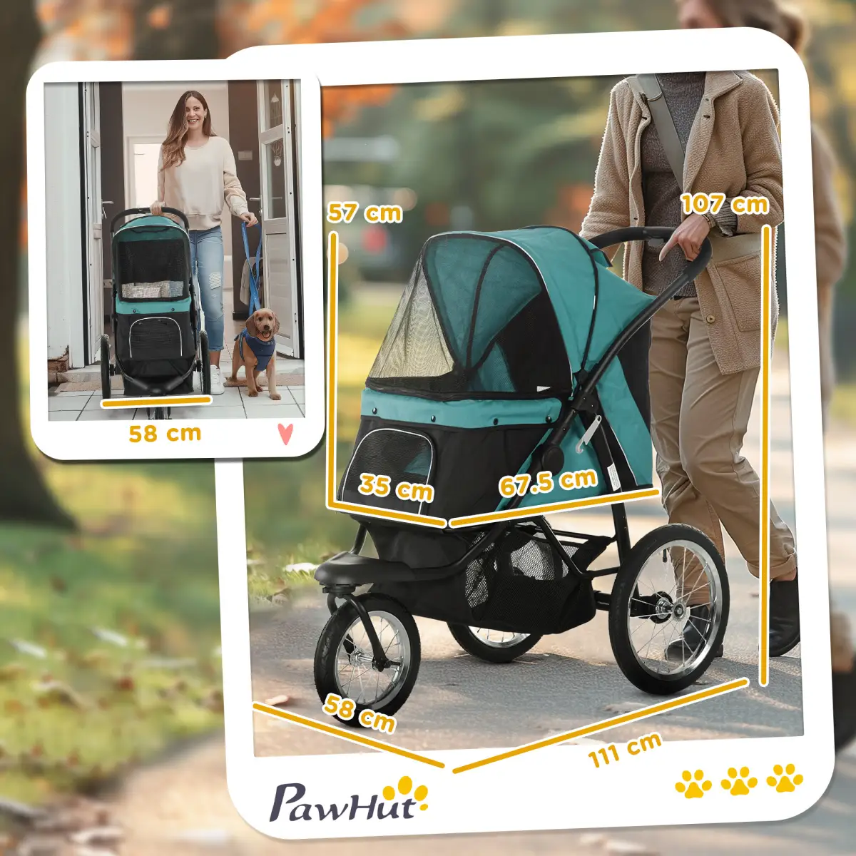 AIYAPLAY PawHut 3 Wheel Pet Stroller, for Medium Small Dogs, Foldable Cat Pram - Green - Pet Carrier