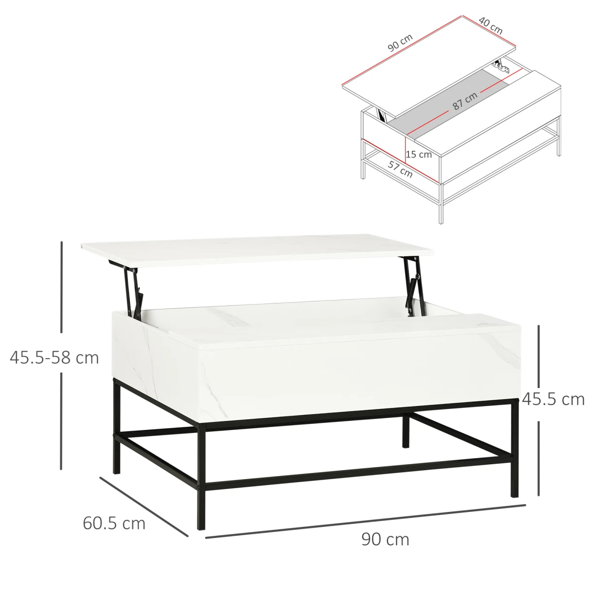 HOMCOM Lift-Top Coffee Table 80x40x45 cm With Hidden Storage White Marble Finish For Living Room by HOMCOM