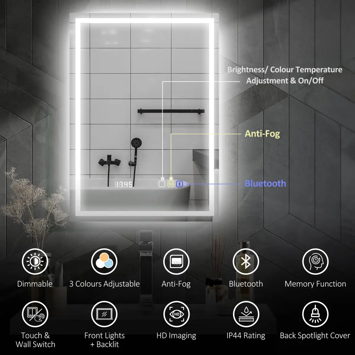 HOMCOM HOMCOM 500 x 700 mm Bathroom Mirror with Bluetooth Clock Lights Demister Pad - Clock