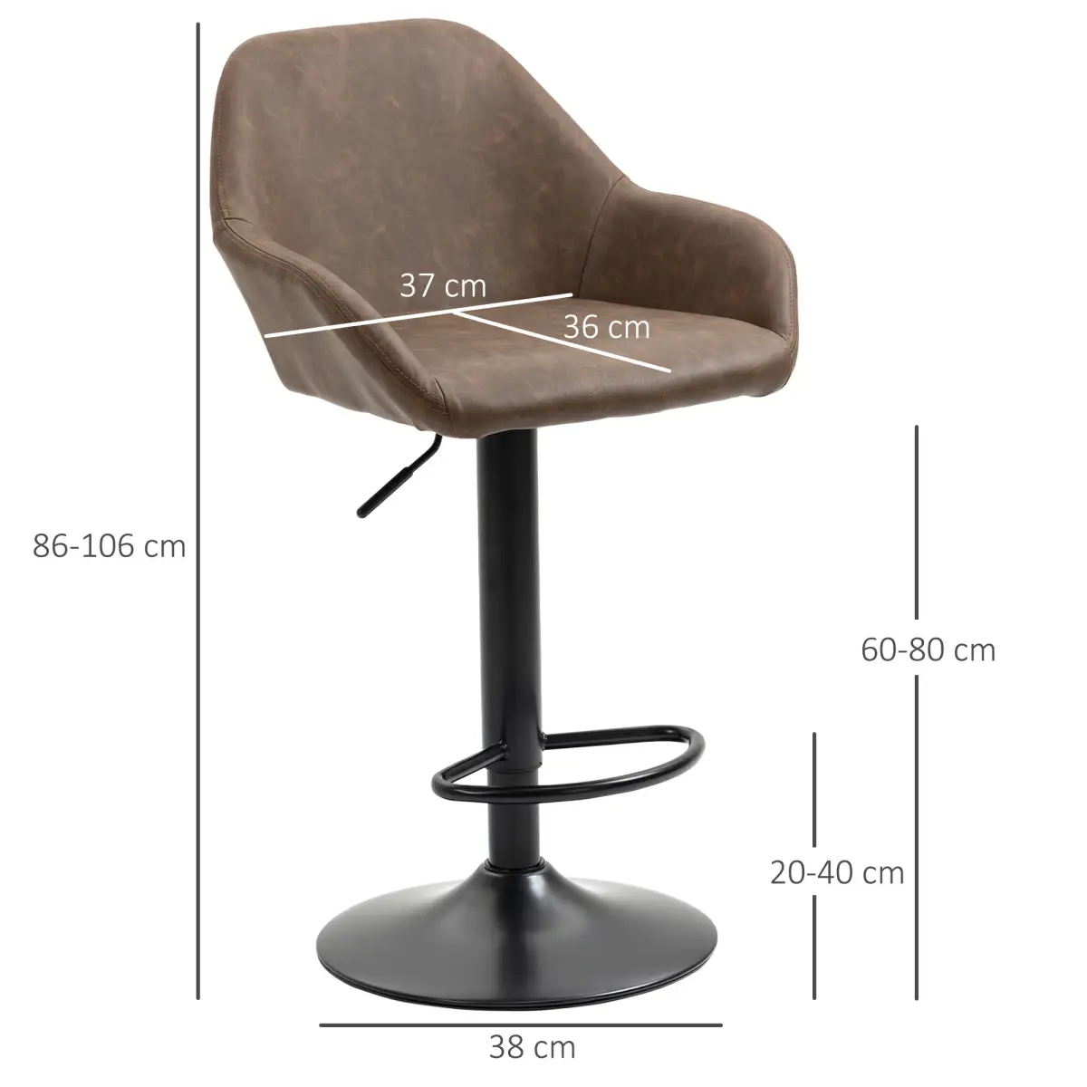 HOMCOM Set of 2, Swivel Barstools Footrest Backrest, PU Leather and Steel Brown - Bar Stool