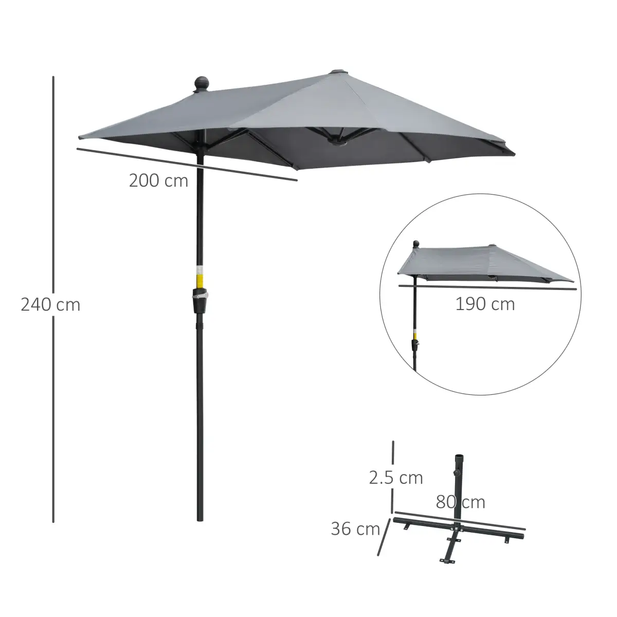 Outsunny Outsunny 2m Half Garden Parasol Market Umbrella w/ Crank Handle, Base Dark Grey - Parasol