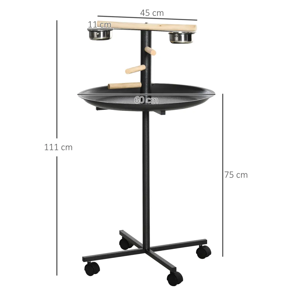 Pawhut Bird Play Stand Portable Feeder Station w/ Wooden Perches, Stainless Steel Bowls - Bird Feeder