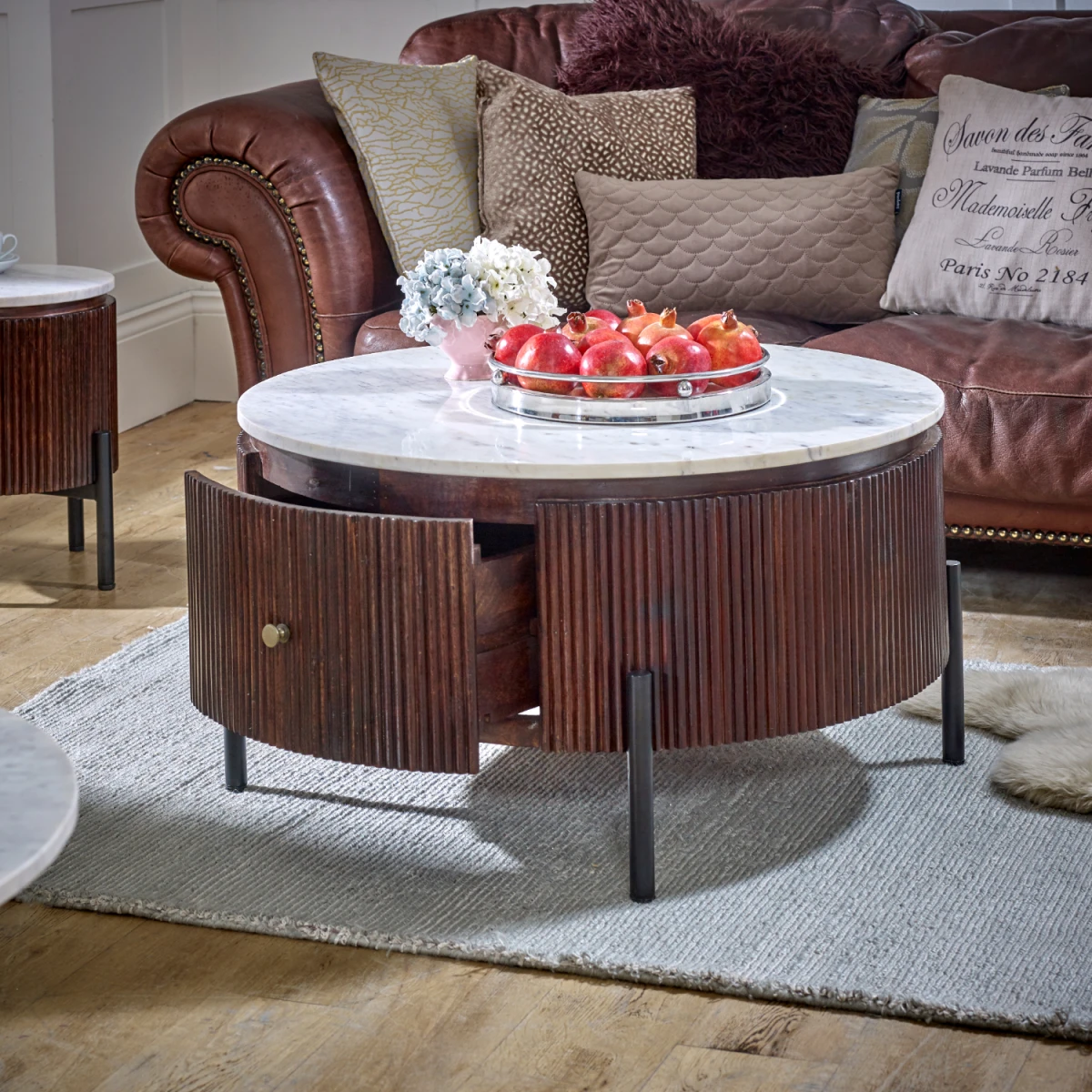 Opal Coffee Table Round Marble Top Drawer by Indian Hub