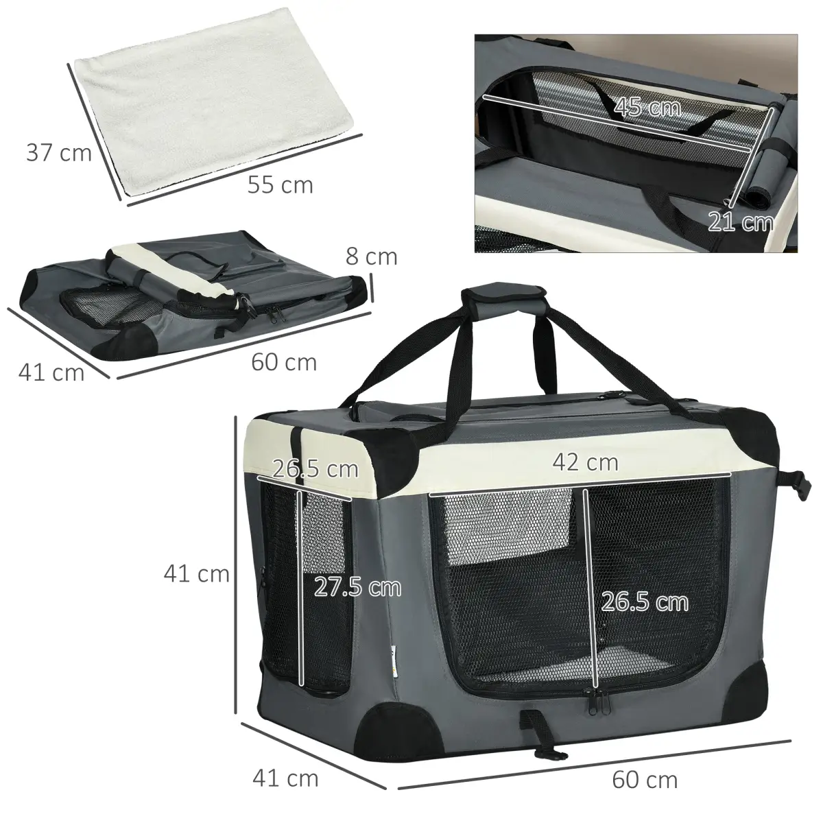 Unbranded 60cm Foldable Pet Carrier w/ Cushion, for Mini Dogs and Cats - Grey Pawhut - Pet Carrier