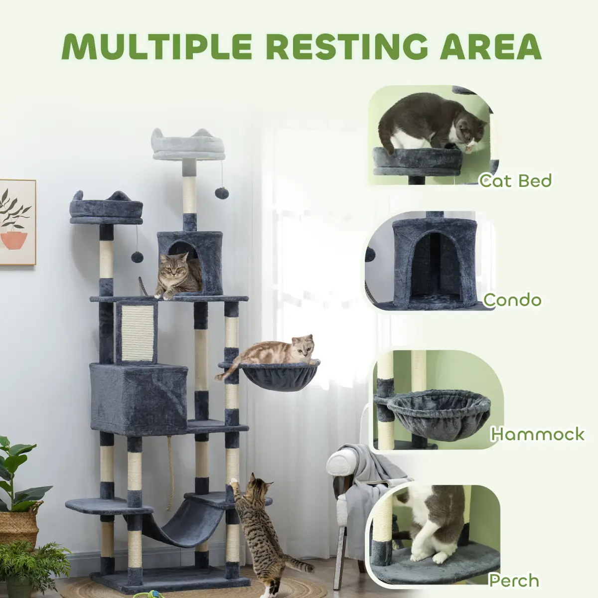 PawHut PawHut 206cm Cat Tree with Scratching Posts, Beds, Condos, Toys, Dark Grey - Cat Tree