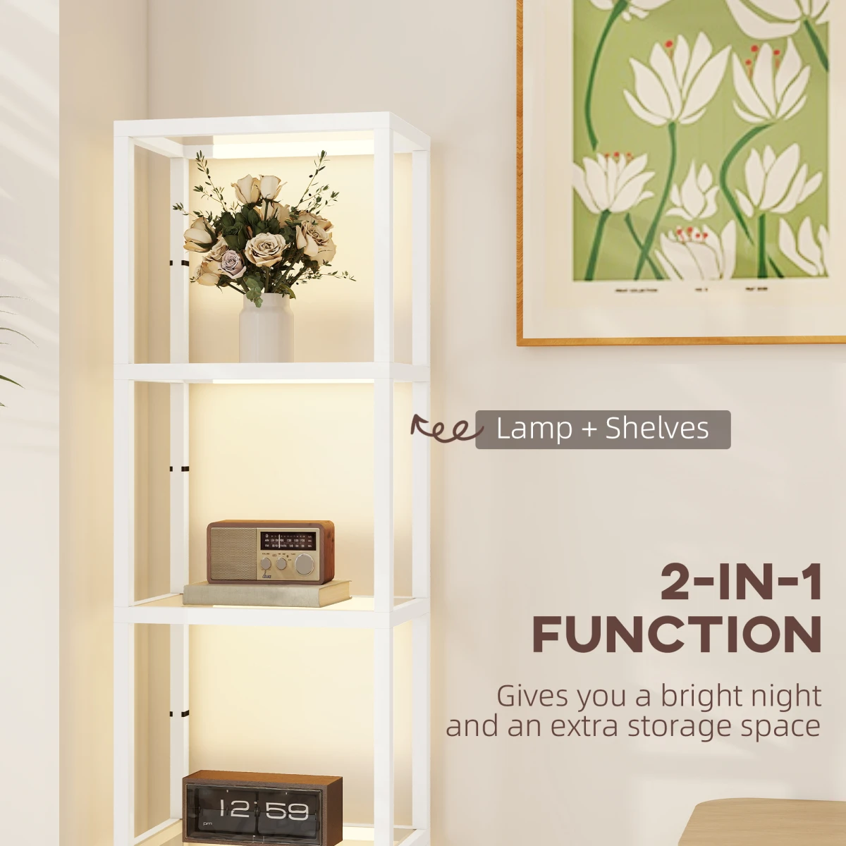 Premium Floor Lamp Tall Four Tier Display Shelves with Tempered Glass and Warm White LED for Home Decor by N/A