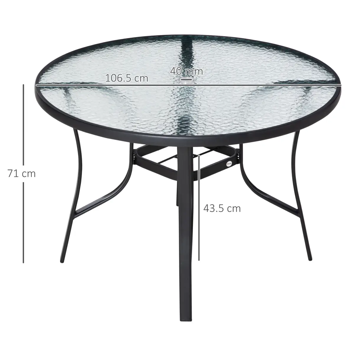 Outsunny 106cm Round Garden Dining Table with Parasol Hole Tempered Glass Top Steel Frame - Garden Table