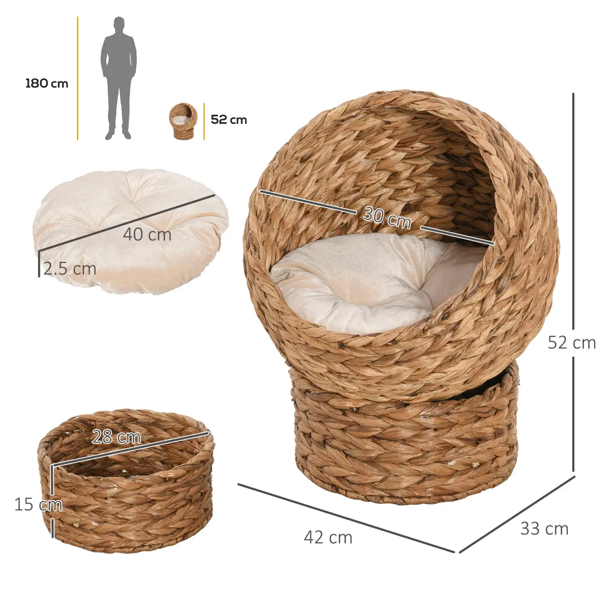 PawHut Wicker Cat House, Raised Cat Bed with Cylindrical Base, 42 x 33 x 52cm - Cat House