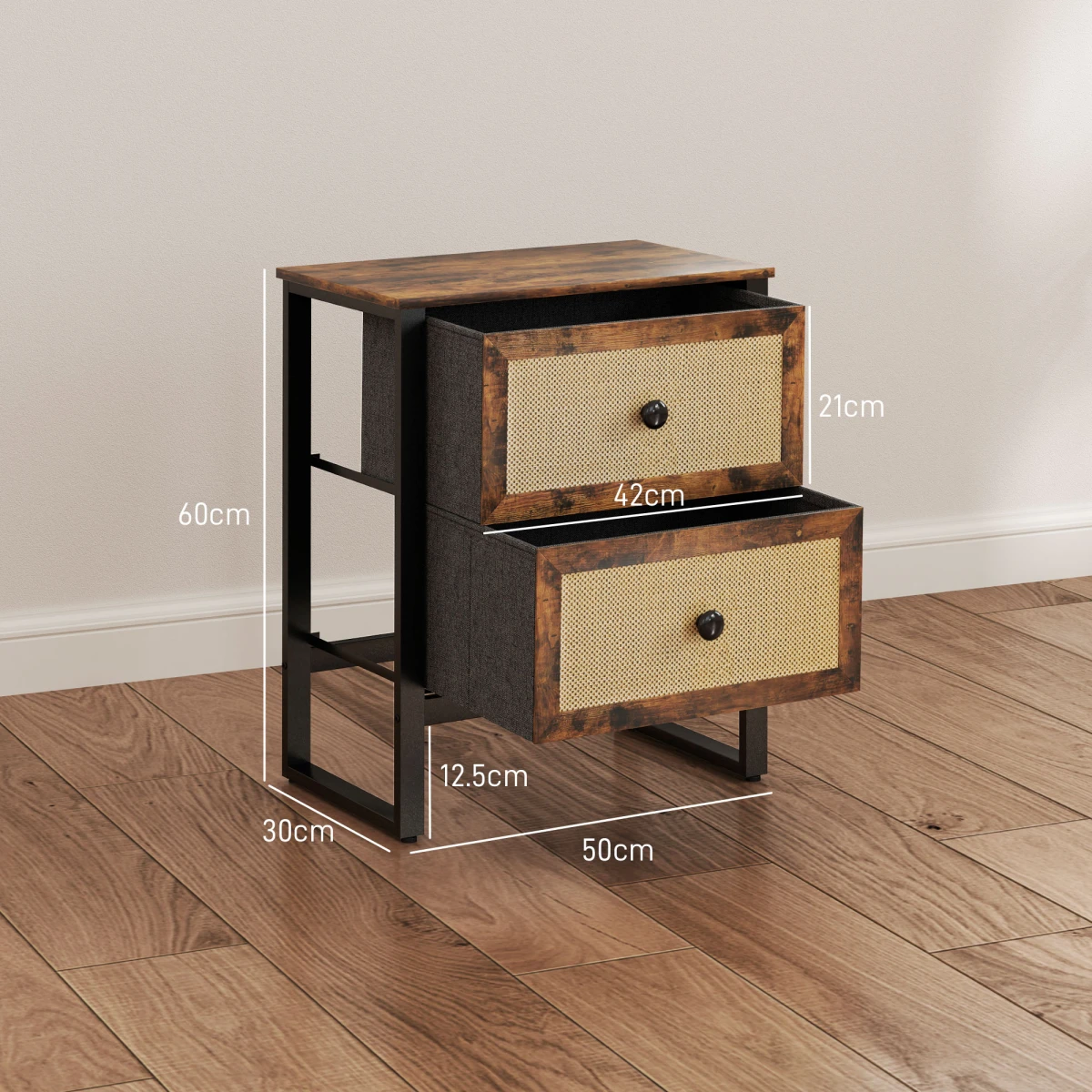 HOMCOM HOMCOM Bedside Table Compact Two Rattan Drawers With Steel Legs Rustic Brown Finish For Bedroom Decor - Bedside Table