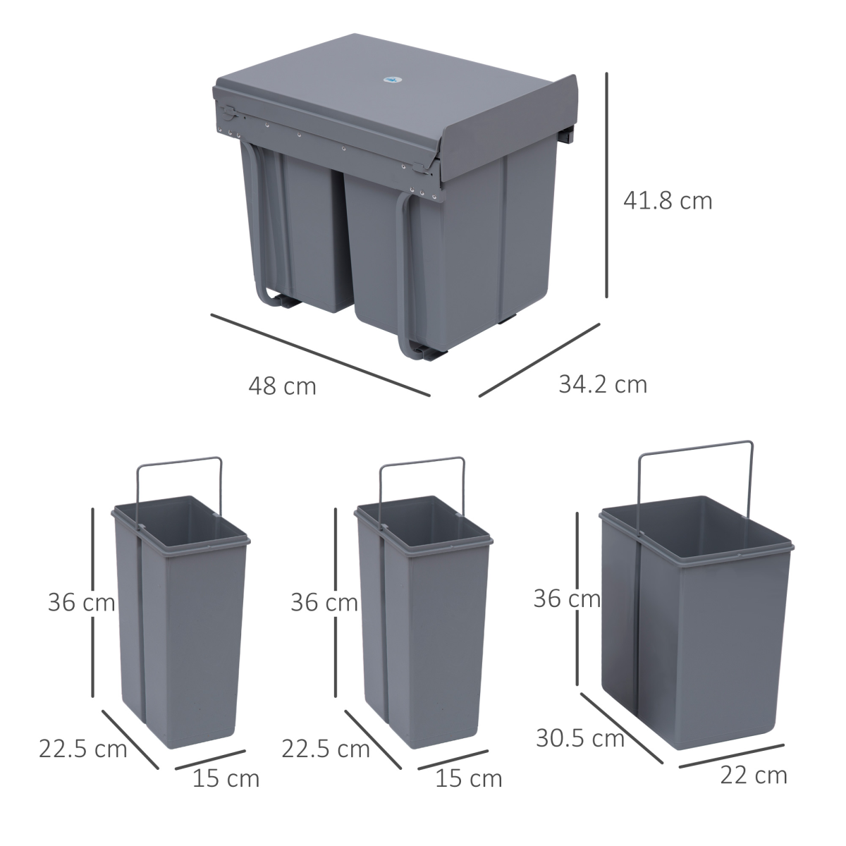 Recycle Waste Bin Pull Out Dustbin Recycling Cabinet 40L-Grey - from HOMCOM