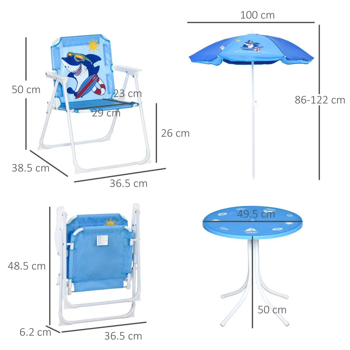 Unbranded Kids Foldable Four-Piece Garden Set w/ Table, Chairs, Umbrella - Blue - Picnic Tables