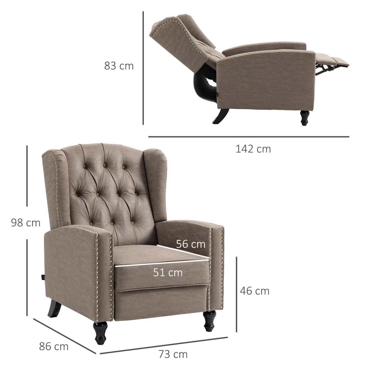 HOMCOM Armchair Standard Size Manual Reclining Footrest Nailhead Trim Brown Living Room by HOMCOM